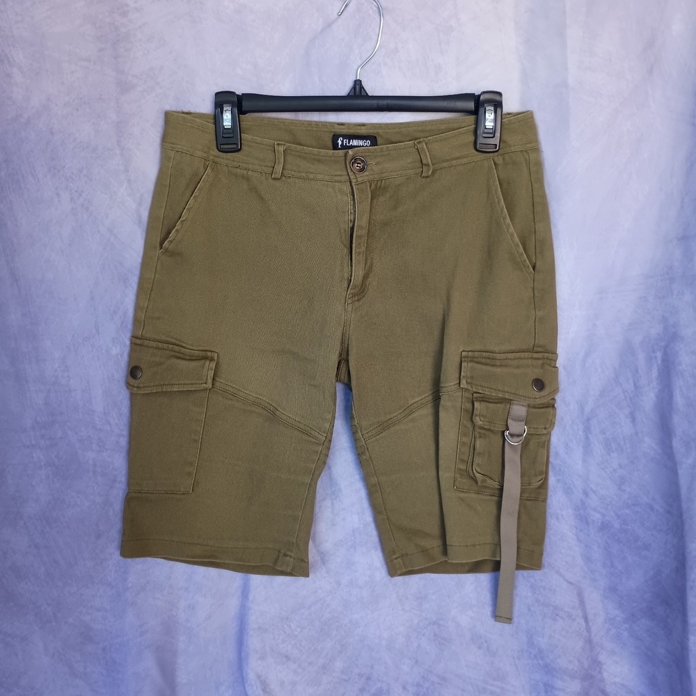 Flamingo Olive Green Cargo Shorts Utility Strap Cotton Biker Military